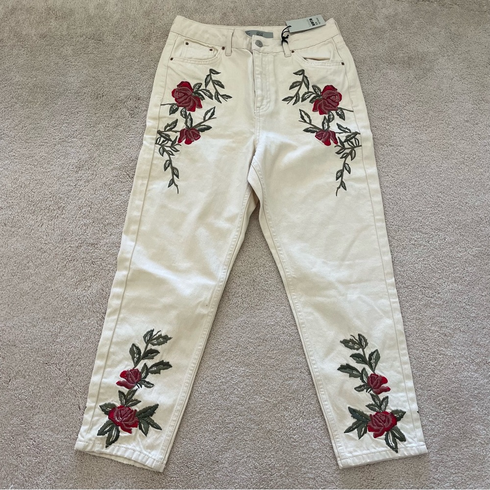 Topshop High Rise Cream and Red Jeans with Floral Embroidery